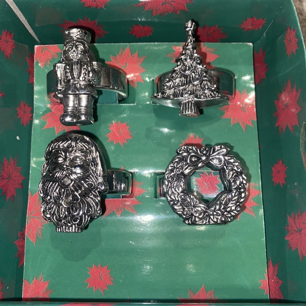 New Christmas Tree, Wreath, Santa, Nutcracker‎ Napkin Rings Set of 4 Silver-tone